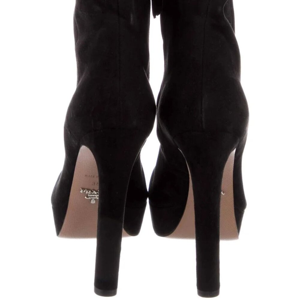 Prada Black Suede Ankle Boots Platform Heel Size 38 / US 8